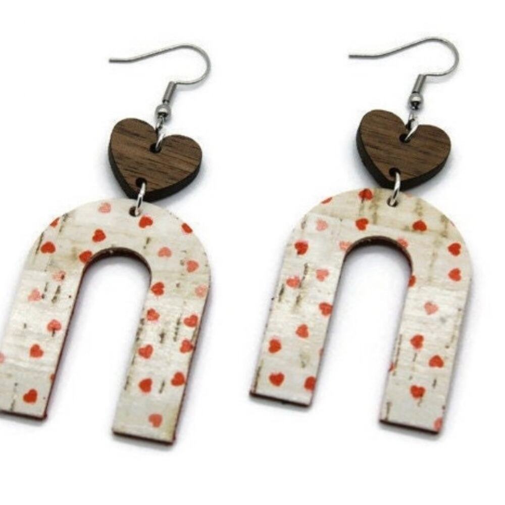5/$25 Handmade Cork on Leather and Wood Heart Arch Lightweight Earrings